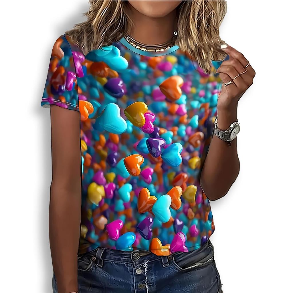 Fashion 3D Print T Shirt For Women Casual Round Neck Love Summer Short Sleeve Tops Hip Hop Trend Ladies Clothing Loose Girl Tees
