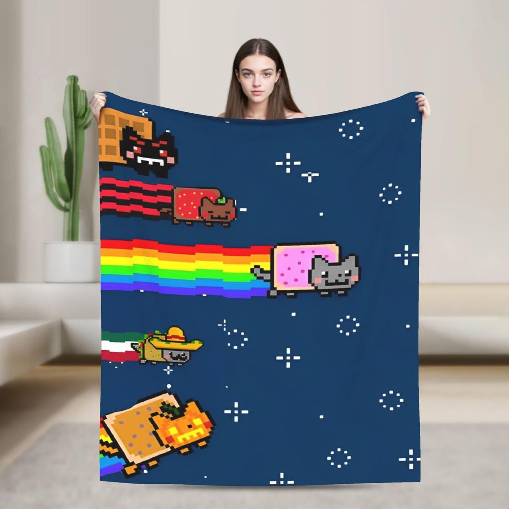 Cat Rainbow Pixel Space Nyans Blanket Flannel Textile Decor Multifunction Soft Throw Blankets for Bedding Couch Rug Piece