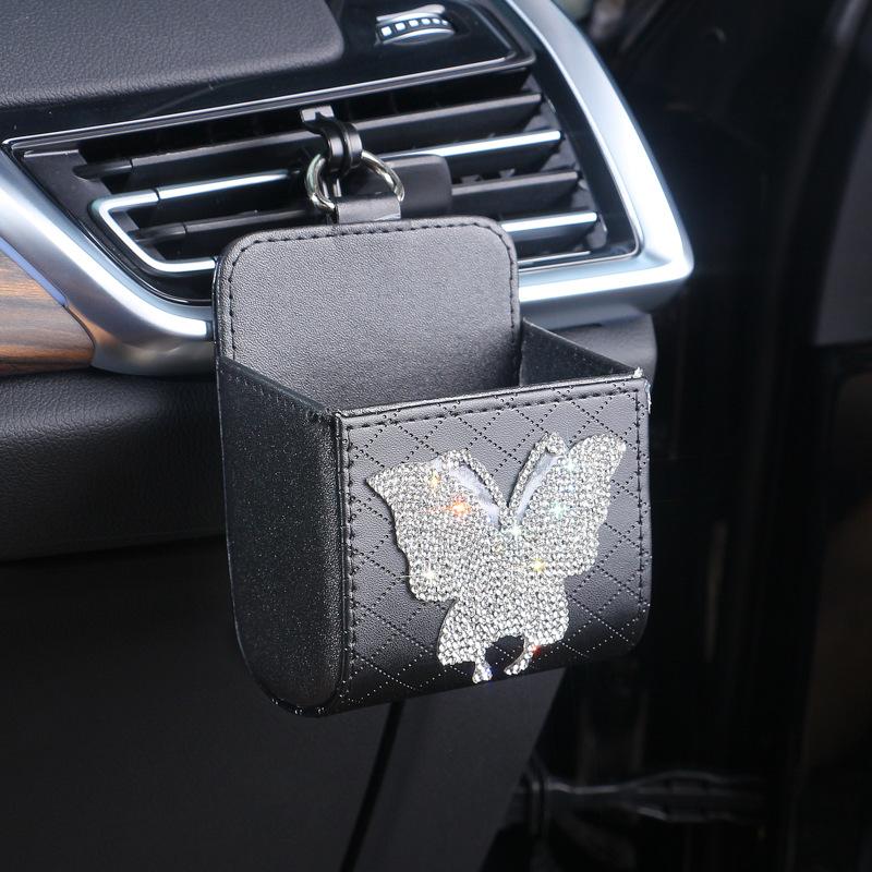 Автомобильная сумка для хранения Bling Butterfly, автомобильный воздуховод, мусорный мешок, органайзер, мобильный телефон, ключ, солнцезащитные очки, вентиляционное отверстие, подвесной ящик для хранения