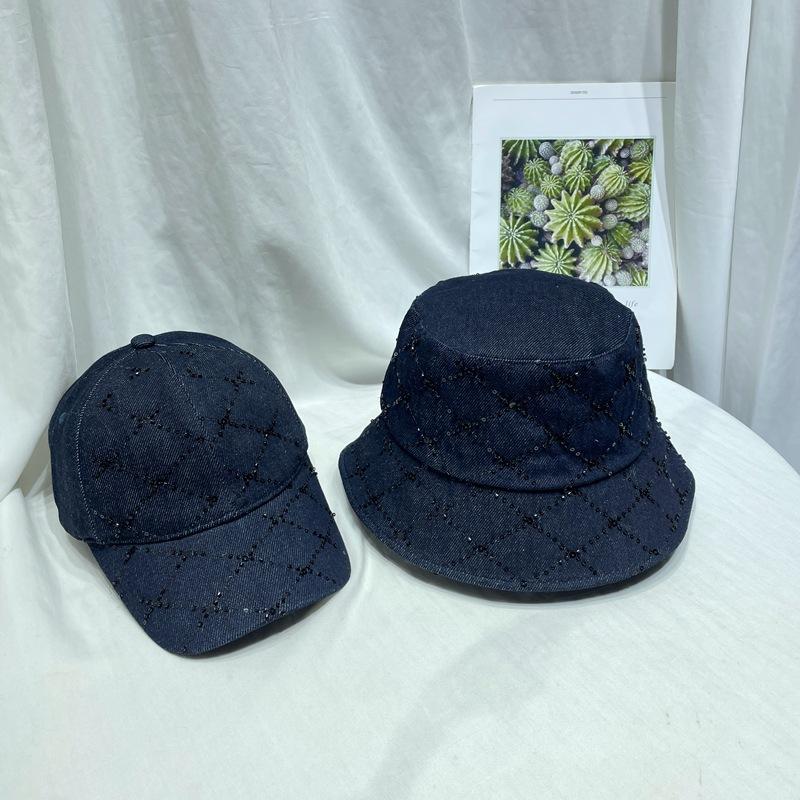 Fashion checked sequined beaded denim bucket hat women's personality casual versatile baseball cap sun hat