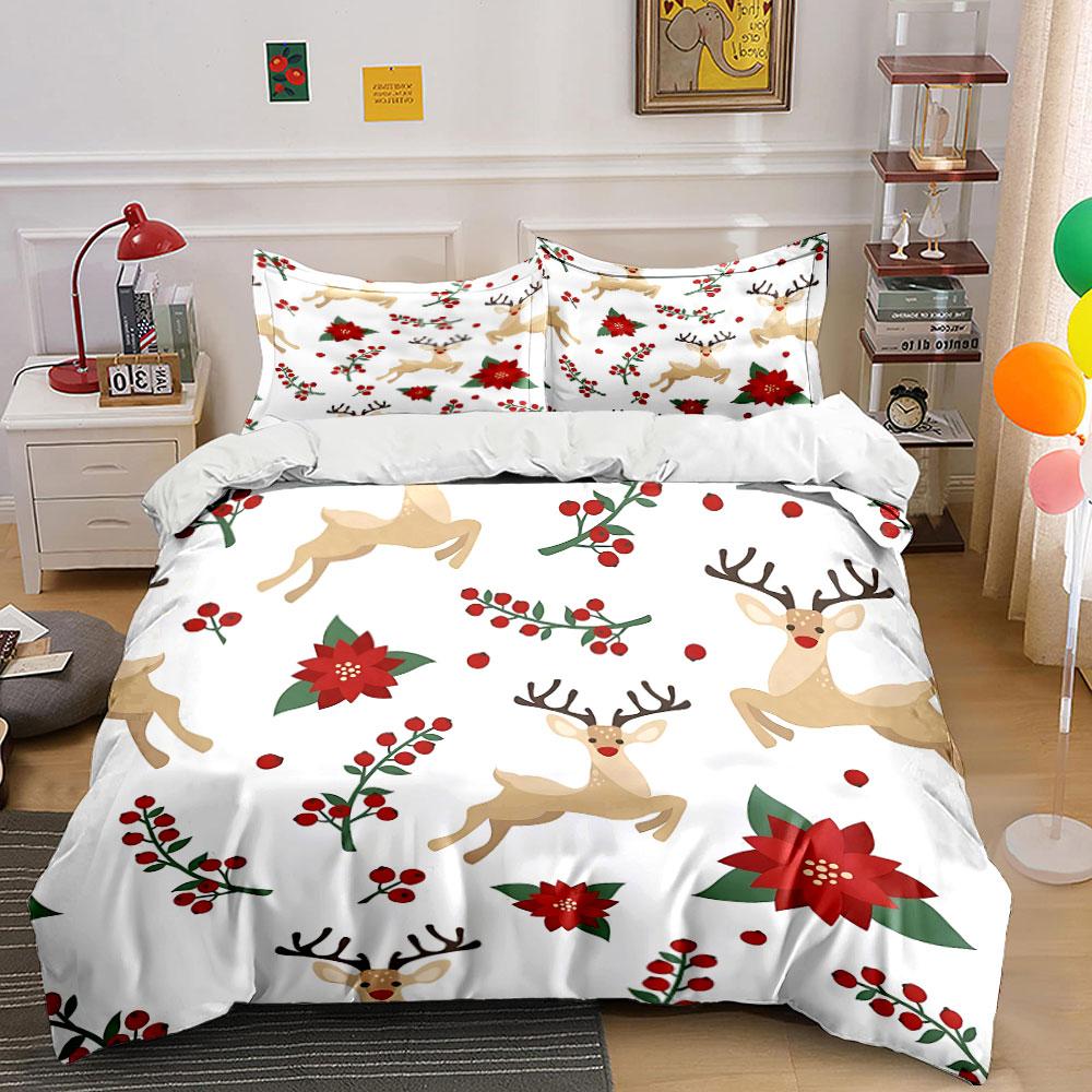 Festive Reindeer Floral Print Bedding Duvet Cover Set Duvet Cover Pillowcases (1*Duvet Cover 2*Pillowcases, without duvet insert)
