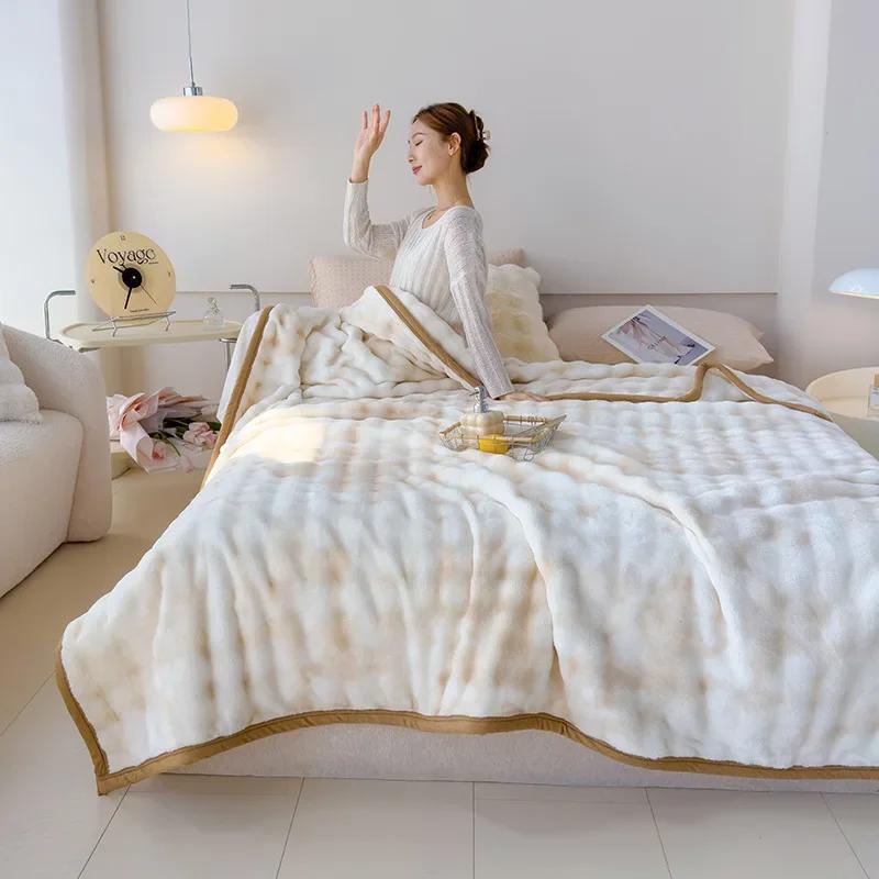 Новое современное минималистичное толстое одеяло из кроличьего меха однотонного цвета с принтом из фланели, подходит для зимнего сна, товары для согревания спальни