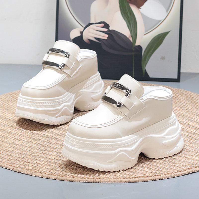 Fashion 12CM Leather Platform Wedge Slippers Round Toe Breathable Slip On Pumps Synthetic Mary Jane Flats Fashion Shoes