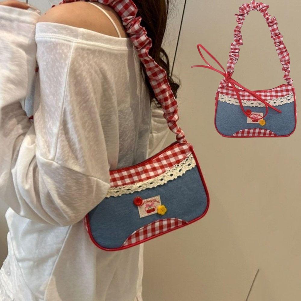 Plaid Lattice Shoulder Bag Rural Style Crossbody Bag Lovely Denim Underarm Bag Students