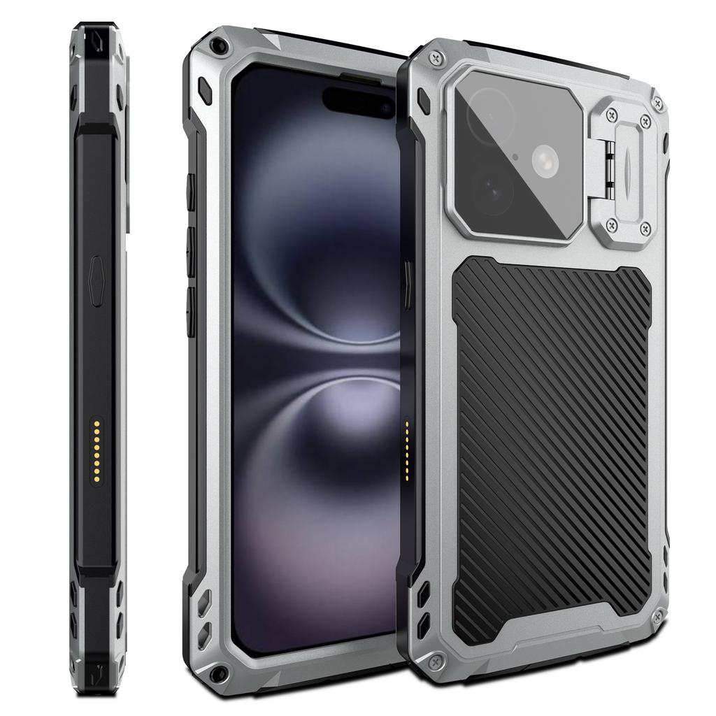 For iPhone 16 Plus Case Aluminum Alloy+Silicone Lens Kickstand Phone Cover with Tempered Glass Film