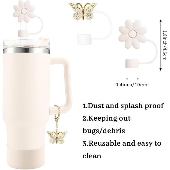 Cup Accessories for Stanley 30oz&40oz Tumbler including Flower Butterfly Straw Topper Cover, Spill Proof Stopper, Silicone Cup Boot, Butterfly Charms