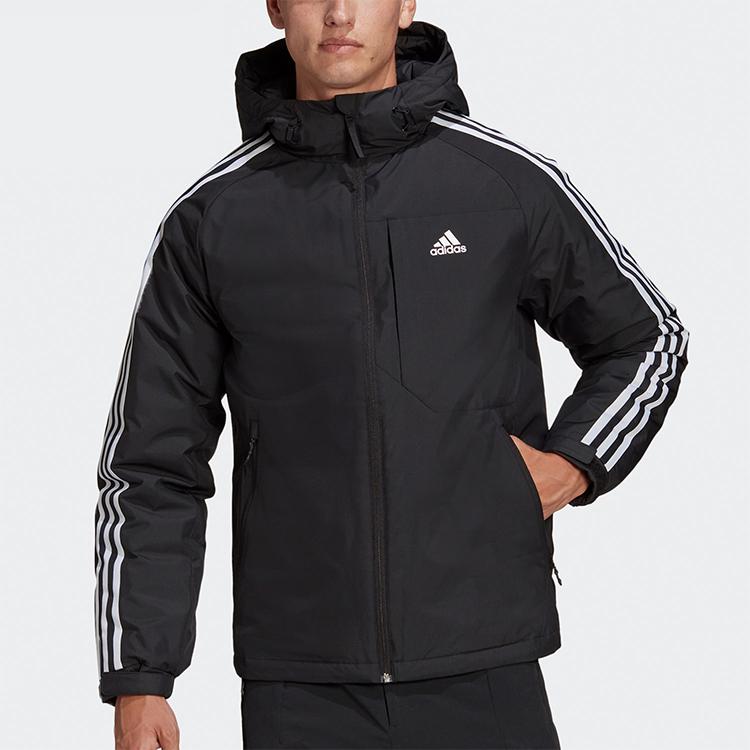 adidas Спортивный теплый пуховик с капюшоном в полоску с логотипом и принтом, мужская верхняя одежда, черный GF0098