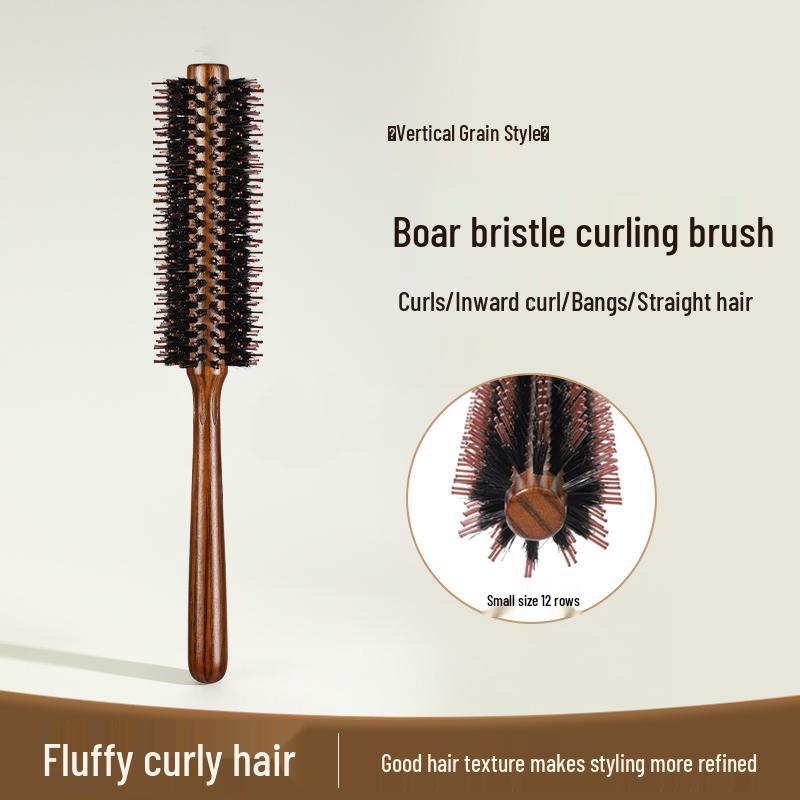 2025 Wooden Boar Bristle Anti-Static Curling Comb for Women's Long Hair - Round Barrel Hair Styling Roller