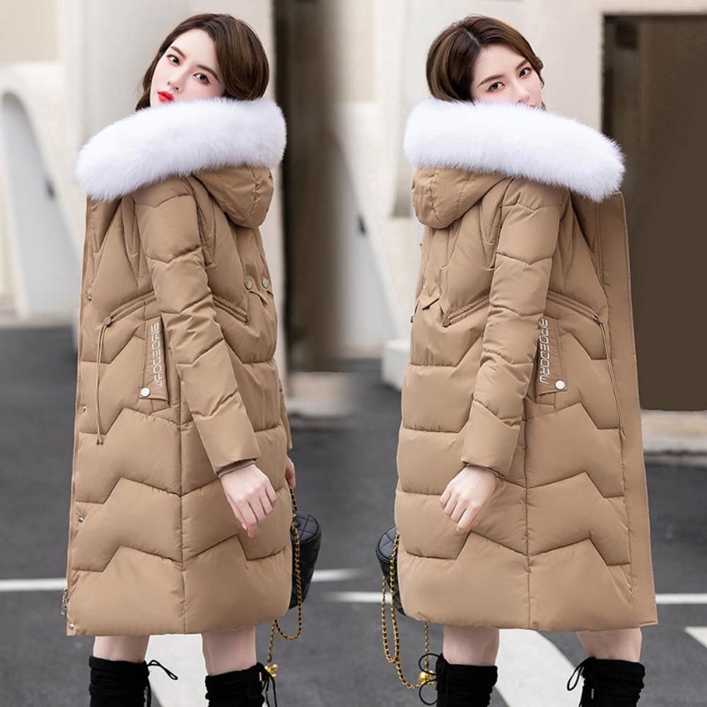 Пуховик женский средней длины и длинный новый приталенный с меховым воротником теплый пуховый утолщенный зимний