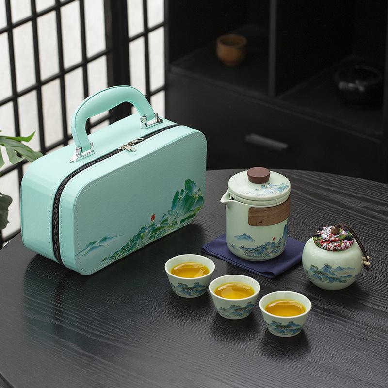 Wind thousand miles Jiangshan travel tea set, portable storage celadon Kuaike cup Guochao merchandise souvenir
