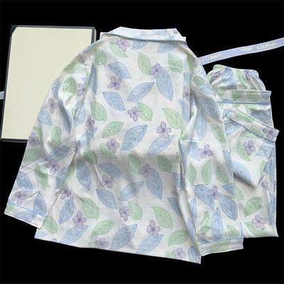 Пижамный комплект из двух частей с принтом «Сладкие листья и цветы», новая осенняя повседневная пижама с V-образным вырезом, мягкая женская пижама