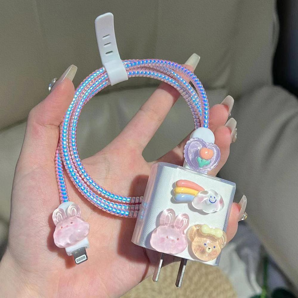 Applicable To Apple Data Cable Protective Cover Charger 18-20W Anti-breakage Winder Cute Flower Animal Advanced INS Style
