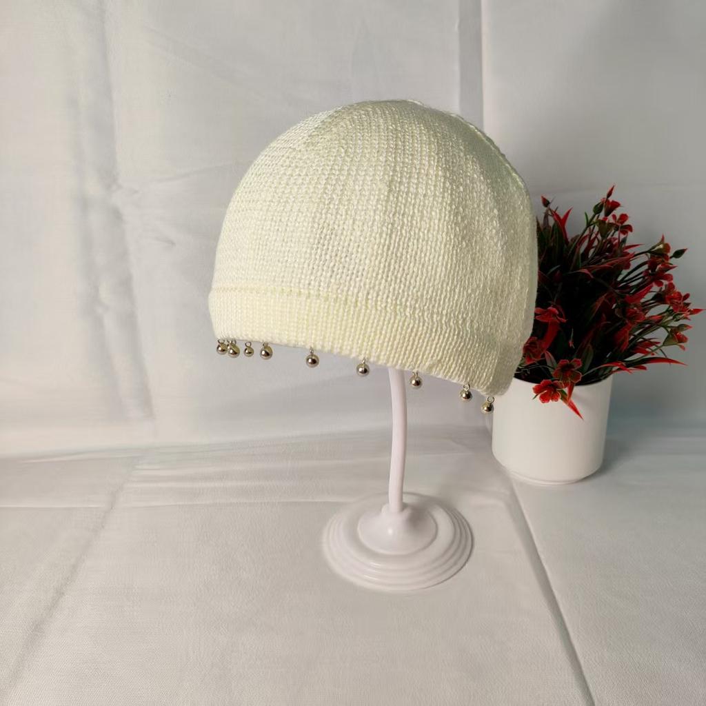 Autumn and winter knitted hat bright bead decorative pullover hat wool hat fashionable face small solid color bag head cold hat