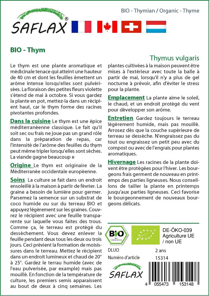 SAFLAX Garden in the Bag - Органический - Тимьян - 800 семян - С субстратом в подходящем стоячем пакете - Тимьян обыкновенный