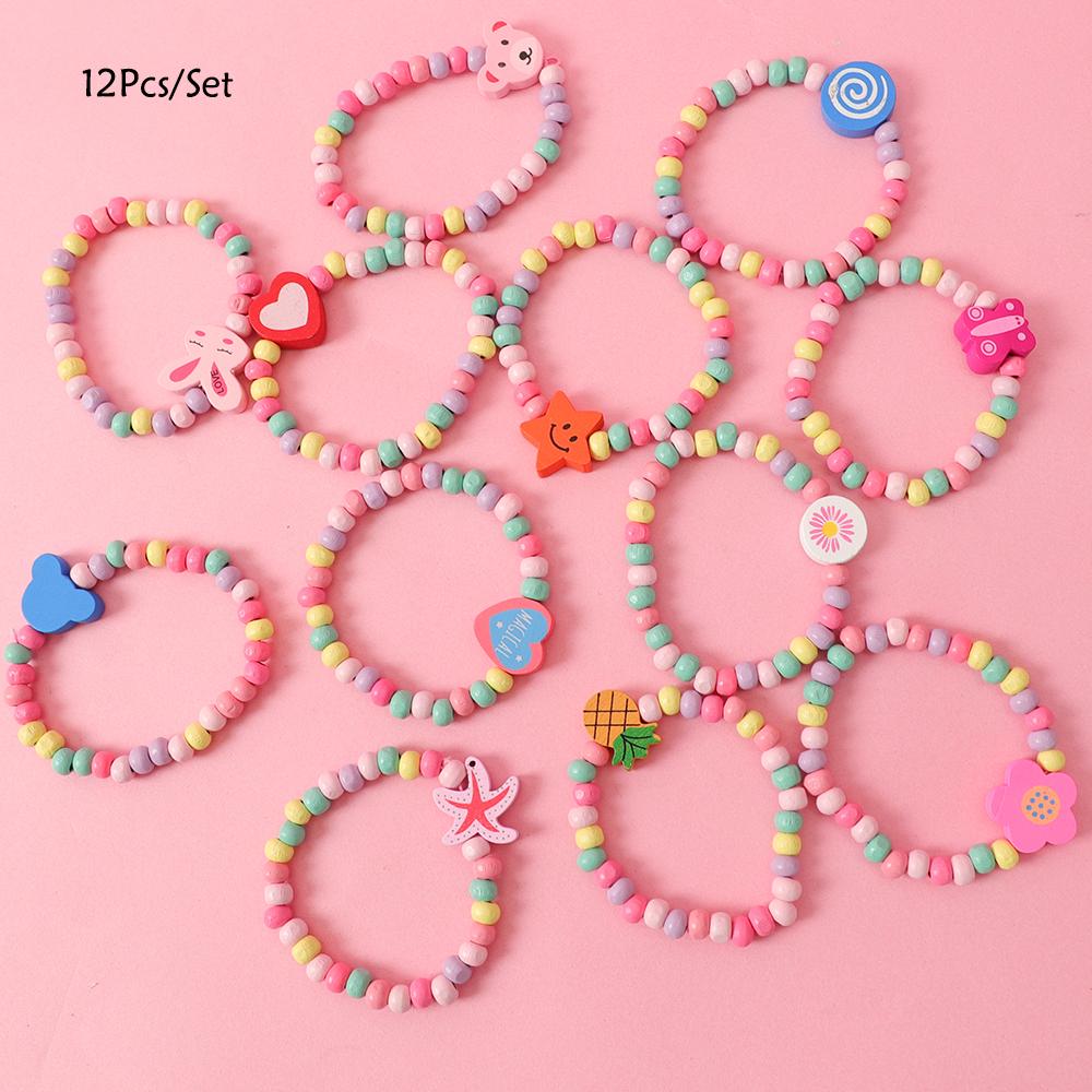 12pcs Cartoon Wooden Beads Bracelet for Kids Girl Birthday Party Favors Baby Shower Jewelry Gift Kindergarten Prizes Treat Bag