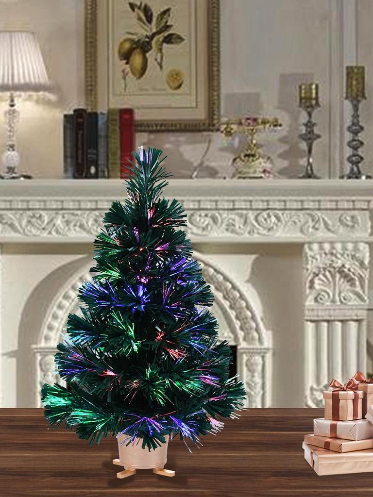 24-дюймовая зеленая предварительно освещенная мини-волоконная искусственная рождественская елка со светодиодными лампами, золотая основа, настольная рождественская елка