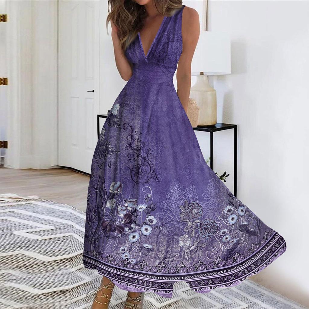 Женские летние модные повседневные платья без рукавов с цветочным принтом и V-образным вырезом