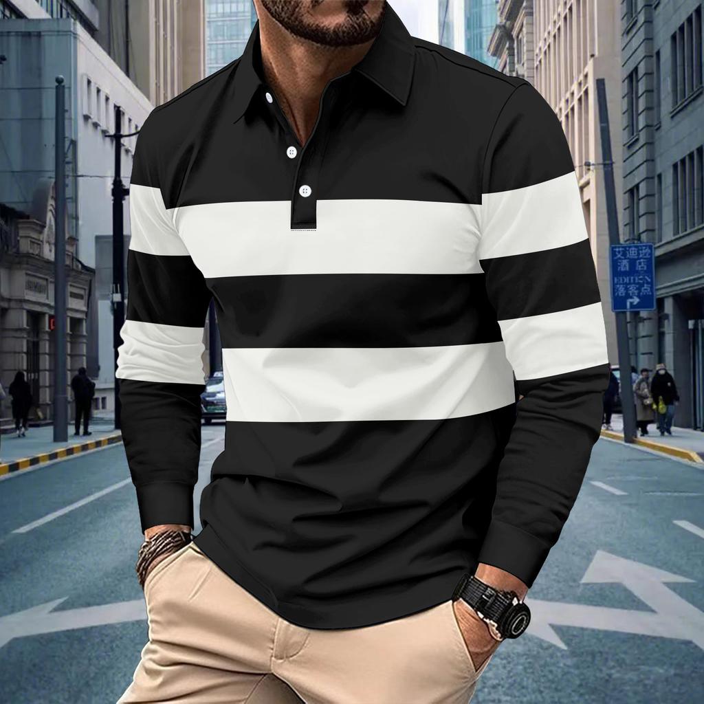 Spring Autumn Men's Polo Shirt Patchwork Fashion Casual T-shirt with Lapel Stripes Long Sleeved Sports Polo Shirt Men's Top