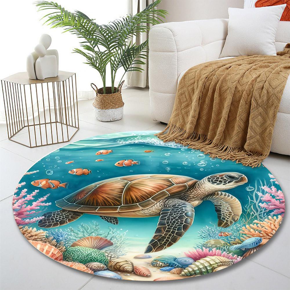 Sea Turtle and Coral Reef Scene Print round rug, living room, bedroom, playroom carpet, non slip floor mat, gift