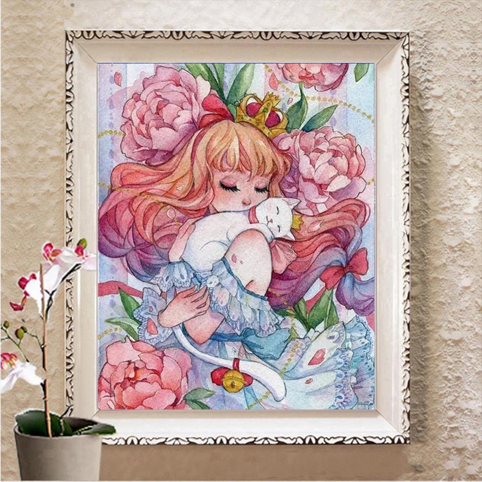 Алмазная картина Принцесса и кошка, стразы, полностью квадратная, круглая, 3D Алмазная вышивка, только красивая девушка, ремесленный декор для дома