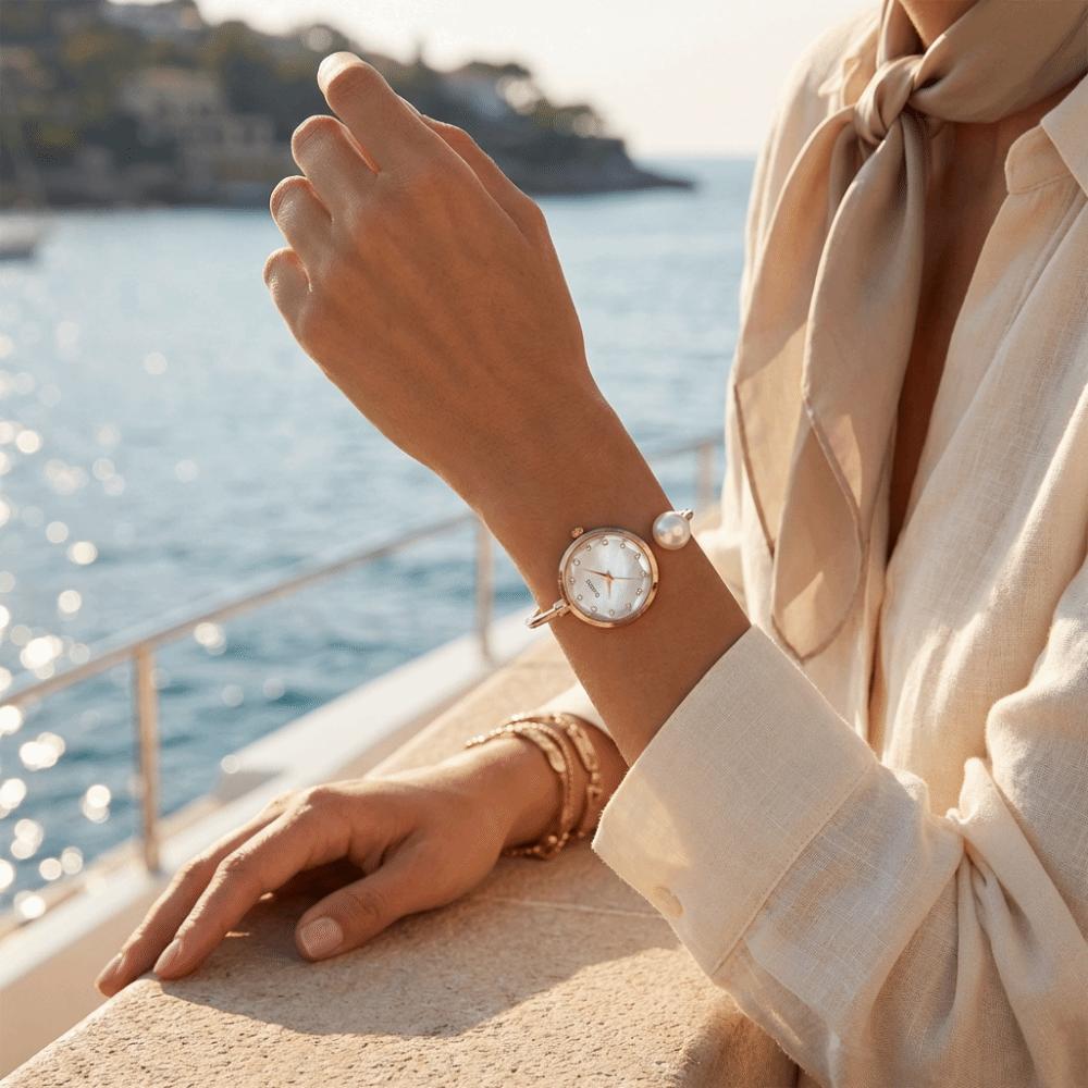 Elegant Pearl Bracelet Watch Fashion Rhinestone Dial Watch Quartz Wristwatch  Evening Party