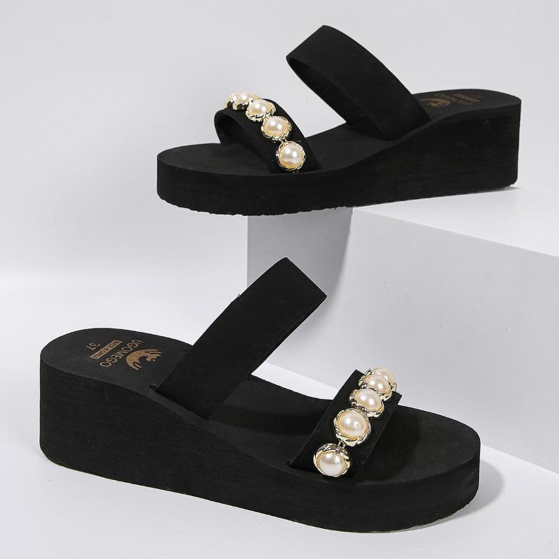 2024 Горячая Распродажа Женская Обувь Женские Тапочки С Открытым Носком Модные Повседневные Тапочки С Бисером Женские Летние Тапочки Большого Размера На Танкетке