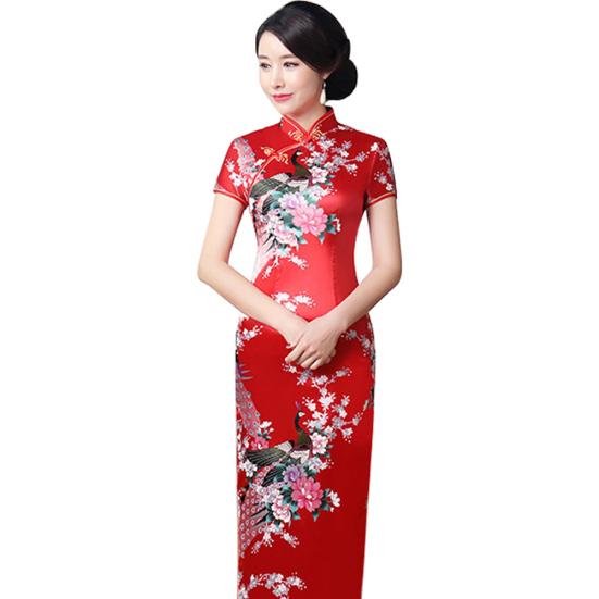 Женское длинное китайское длинное вечернее платье Cheongsam с коротким рукавом и принтом павлина