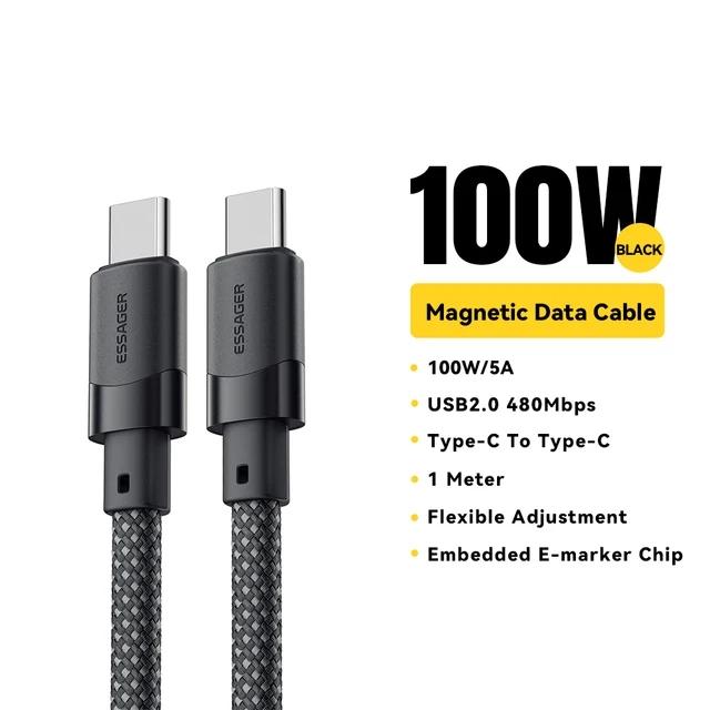 Essager USB C-C 100 Вт Магнитный кабель для быстрого зарядного устройства для iPhone 15 65 Вт Тип C-C Провод для зарядки данных для ноутбука Samsung