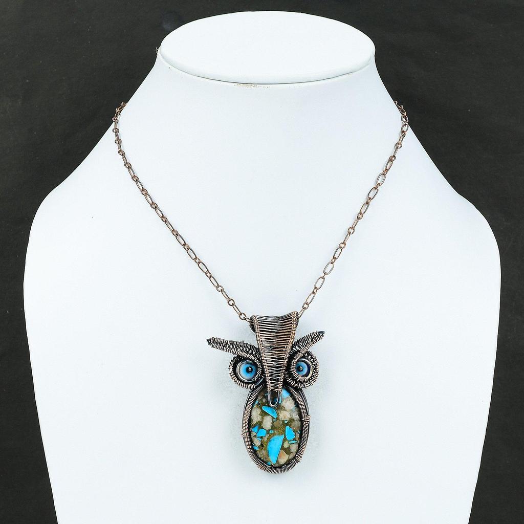 Кулон из розового опала и медной бирюзы, синий цвет, кулон сглаза, кулон, обмотанный медной проволокой, кулон с драгоценным камнем, кулон в виде совы, украшения из медной проволоки ручной работы