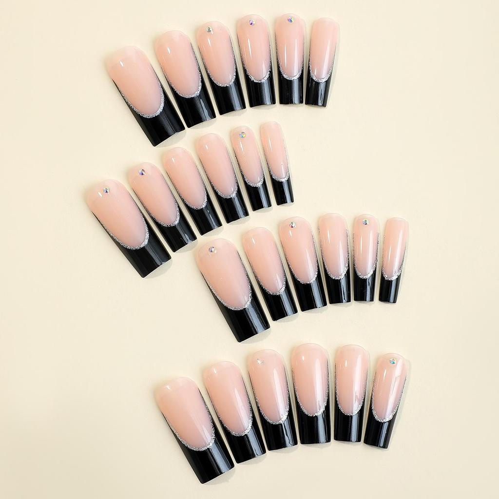 Носимые накладные ногти во французском стиле с блестками-стразами, съемное крепление