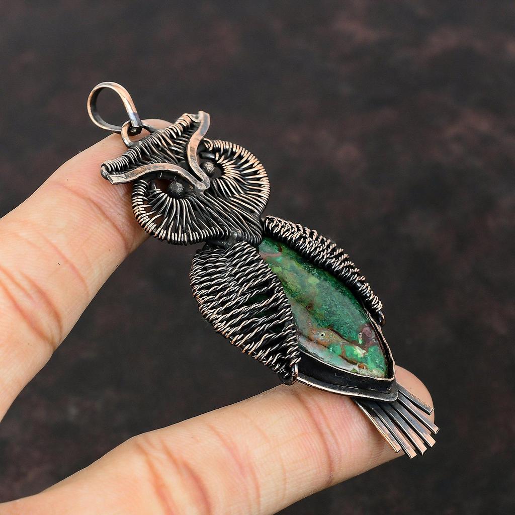 Кулон из куприта и хризоколлы, обернутый медной проволокой, драгоценный камень, медное ювелирное изделие, кулон в виде совы, кулон ручной работы, обернутый проволокой, ювелирное изделие, подарок для нее