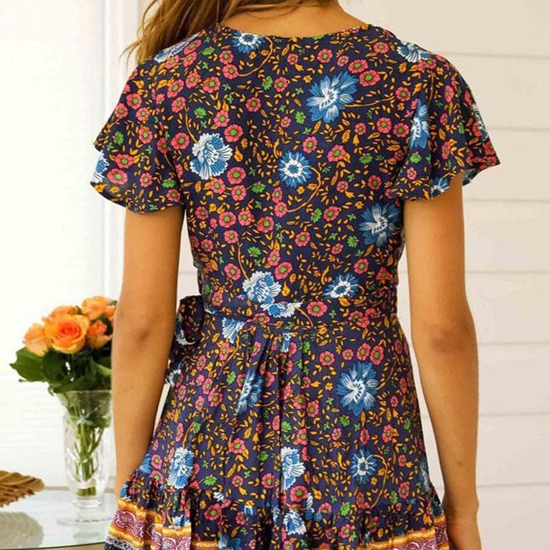 Women's Holiday Bohemian Print Mini Dress Ladies V Neck Summer Beach Sundress
