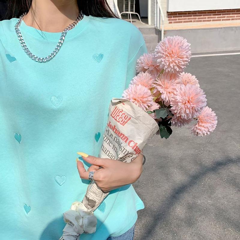 Woman's Tshirts Spring/summer Short Sleeve O-neck Korean Style Love Embroidery Fashion Woman Top T-shirt