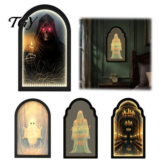 Ghostly Candlelight Display Light Up Ghost Mirror, Arched Wooden Frame Ghost/Grim Reaper Halloween Indoor Holiday Ornaments Soft Ambient Lighted