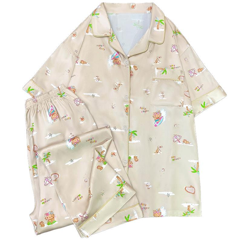 Hawaii Seaside Going Out Pajamas Women'S Summer Ice Silk Thin Short-Sleeved Loungewear Silk Two-Piece Set