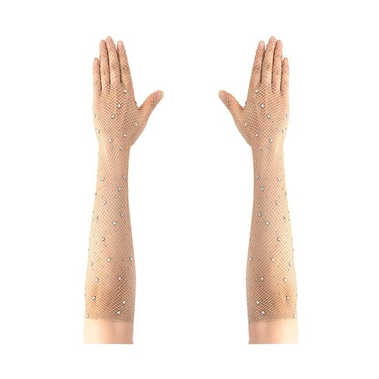 Long Rhinestone Fishnet Gloves for Women Sparkly Mesh Elbow Length Gloves for Rave Party Halloween Wedding Costume Accessories