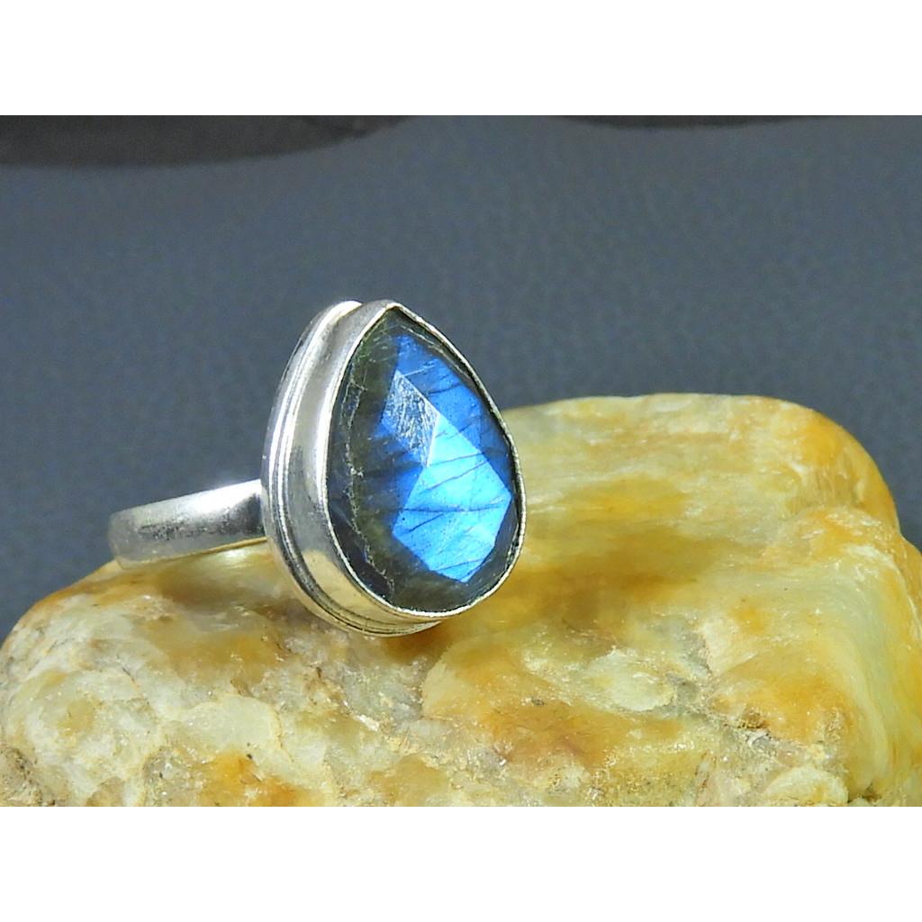 Natural Labradorite 925 Sterling Silver Pear Handmade Vintage Ring US-8.5 MK-60