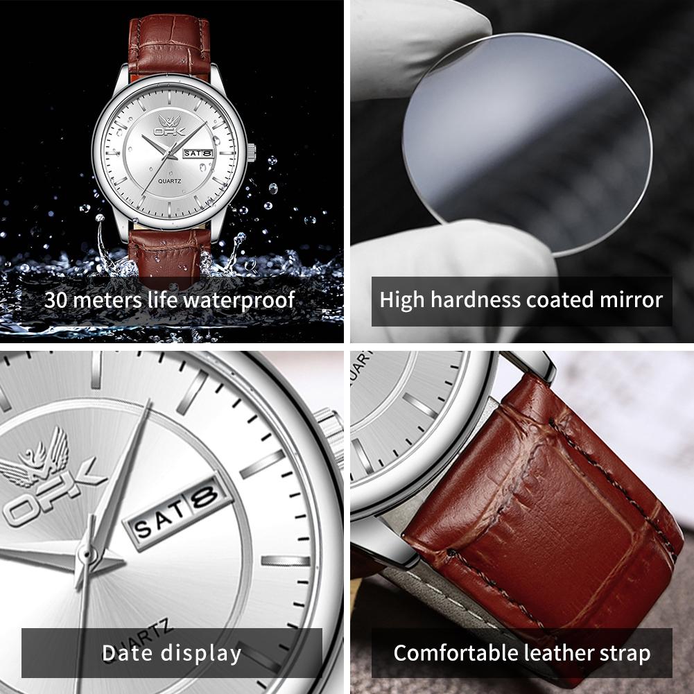 OPK 6022 Men Watches Elegant Fashion Quartz Wristwatch for Men Waterproof Leather Strap Dual Calendar Window Display Watch