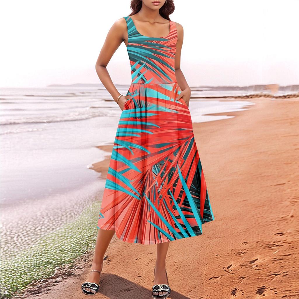 Women's  Summer Spring Casual Floral Sundress Sleeveless Beach Vacation Flowy Boho Tank Midi Dresses