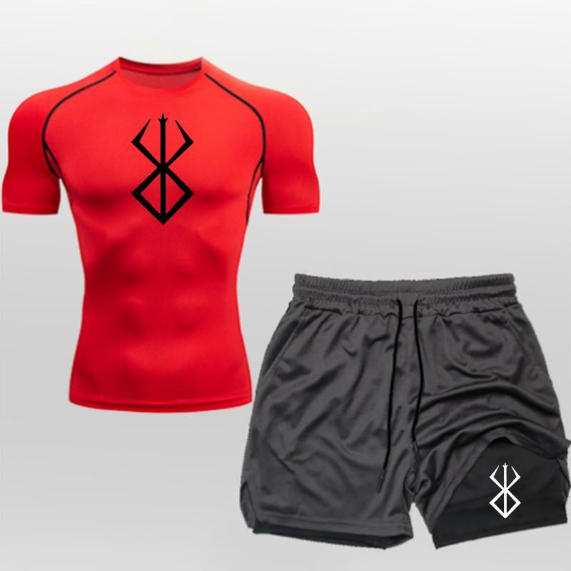 Mens Quick-Dry Breathable 2-Piece Sport Set Short Sleeve T-Shirt Shorts Gym Workout Running Outdoor Fitness