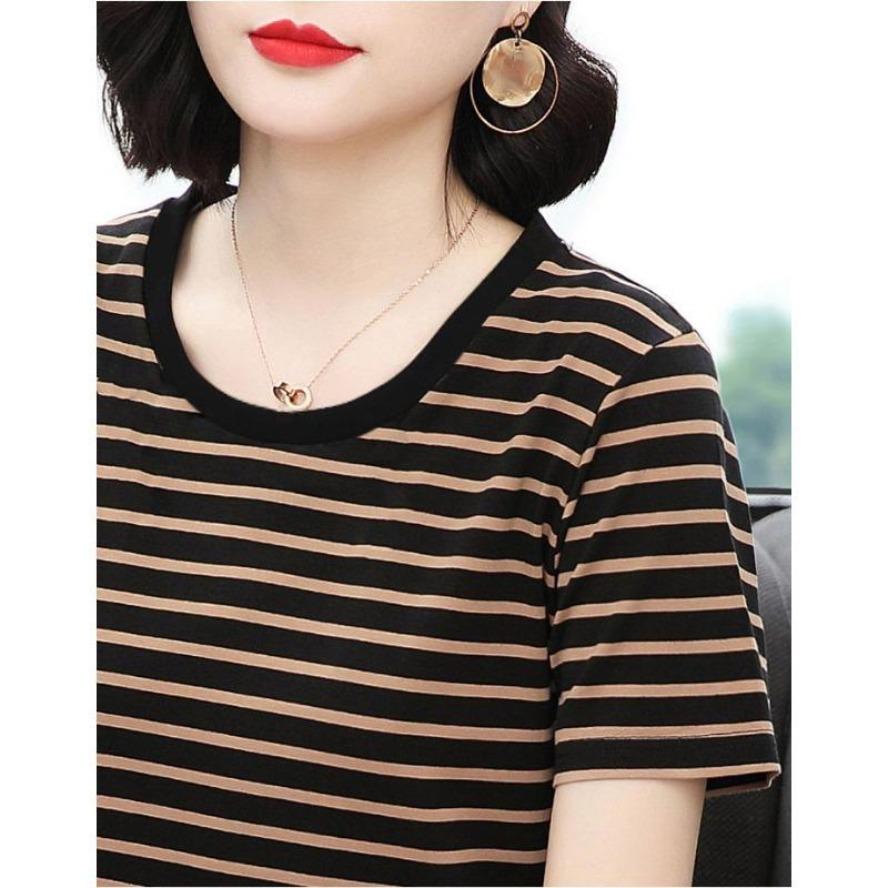 YYFS Женские модные повседневные летние весенние блузки и рубашки с круглым вырезом и короткими рукавами с полосатым принтом