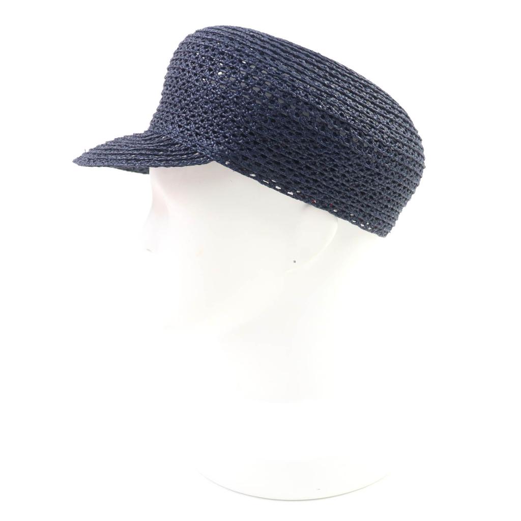 Excellent HERMES Casquette Garate Serie Metal Hat Navy Raffia Women Used
