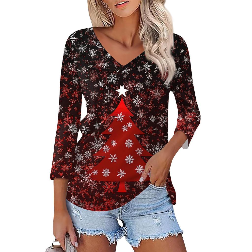 Shirt For Women's Fashion Casual V Neck 3/4 Sleeve Loose Christmas Printed T-Shirt Ladies Top