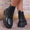 Fashion Women's Chunky Platform Ankle Boots Thick Bottom Non Slip Combat Boots Woman Fashion Lace Up Black PU Leather Botas Mujer 2025