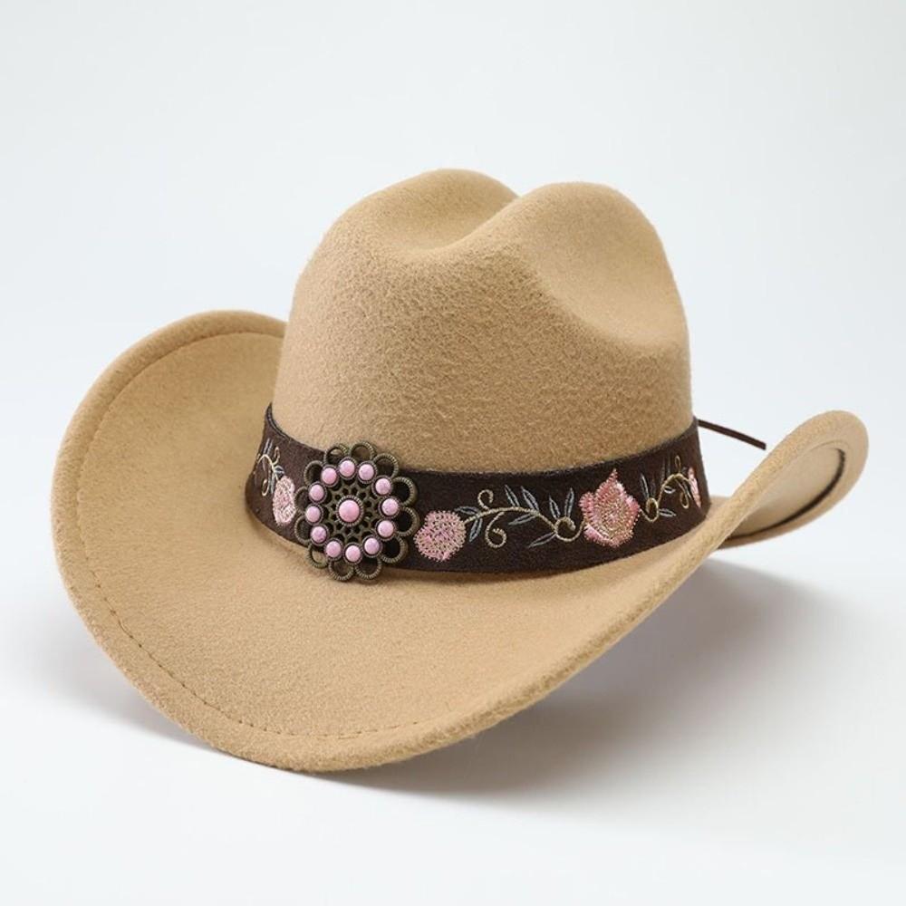 Soft Fedora Hat Floral Embroidery Sun Hat Vintage Felt Western Cowboy Hat Travel Outdoor