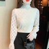 Осень-зима, новинка 2024 года, водолазка с длинным рукавом, тонкая абрикосовая бархатная кружевная блузка, рубашка, женские топы, блузки, рубашки J762