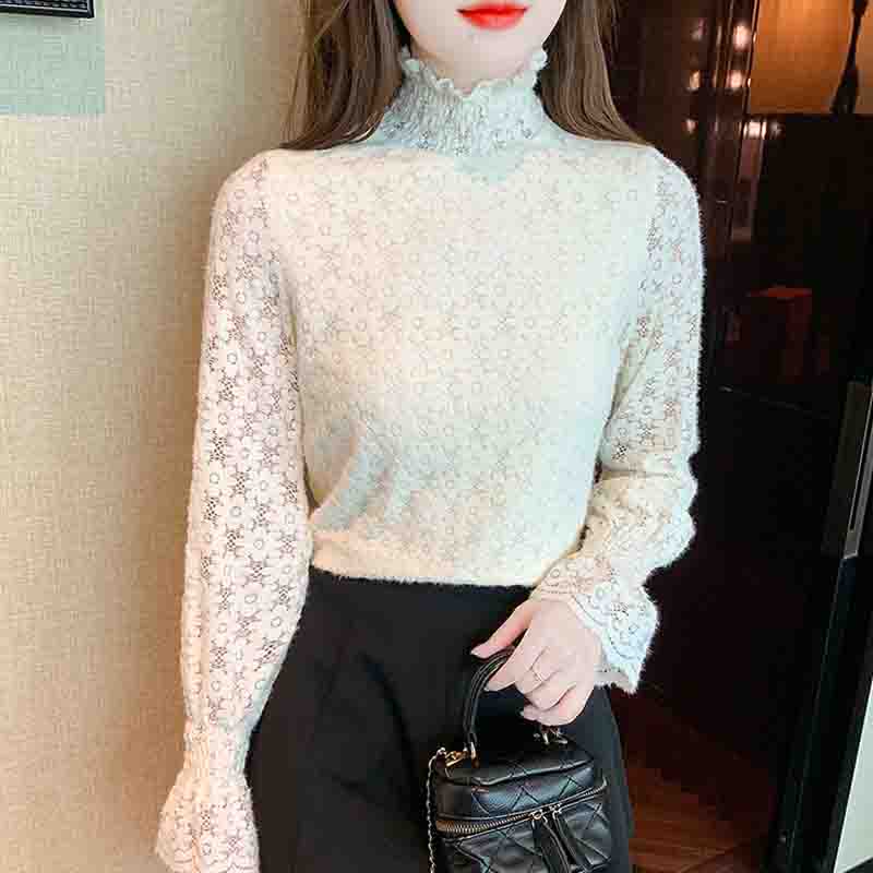 Осень-зима, новинка 2024 года, водолазка с длинным рукавом, тонкая абрикосовая бархатная кружевная блузка, рубашка, женские топы, блузки, рубашки J762