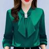 Spring and Summer Satin Shirt Women's Korean Fashion Glossy Top Premium Bow V-Neck Long Sleeve Shirt Plus Size