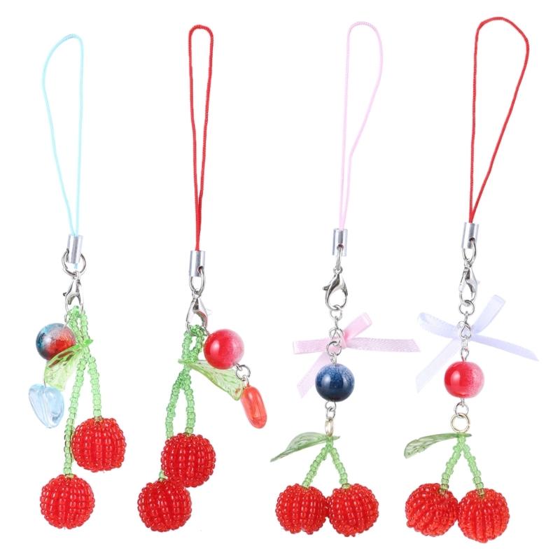Beaded Cherries Pendant Sweet Phone Chain Strap Hanging Decoration Keychain Lanyard Small Gift for Women Girls