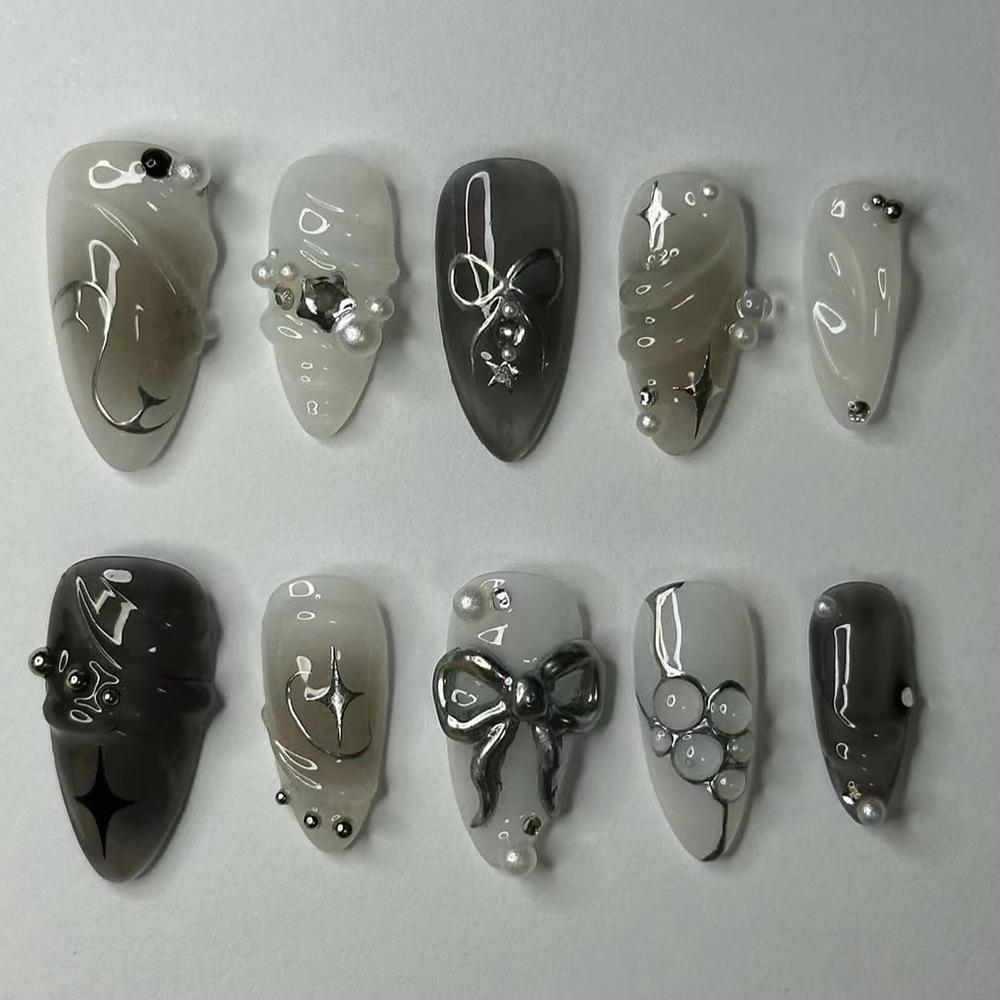 24Pcs Almond Press On Nails Ocean Blue French Tip With Flower Pearl Glitter Simple Wearable False Nail Art Manicure Set